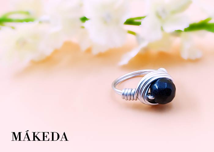 Makeda joyeria, Anillo Agata Negro / Gris y Aluminio Plata