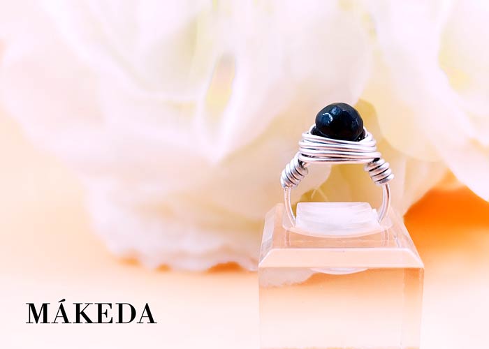 Makeda joyeria, Anillo Agata Negro / Gris y Aluminio Plata