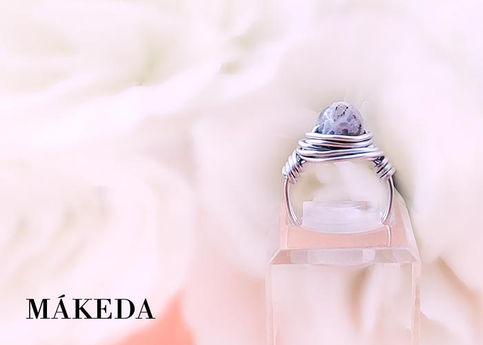 Makeda joyeria, Anillo Aluminio Plata y Agata en tonos Verde, Gris y Beige