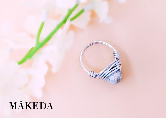 Makeda joyeria, Anillo Aluminio Plata y Agata en tonos Verde, Gris y Beige