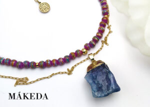 Makeda joyeria, Collar Doble de Cuarzo Azul y Chapa de Oro