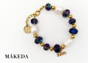 Makeda joyeria, Pulsera de Perlas, Cristales en Chapa de Oro