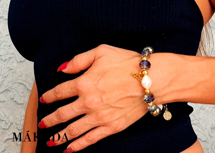Makeda joyeria, Pulsera de Perlas, Cristales en Chapa de Oro